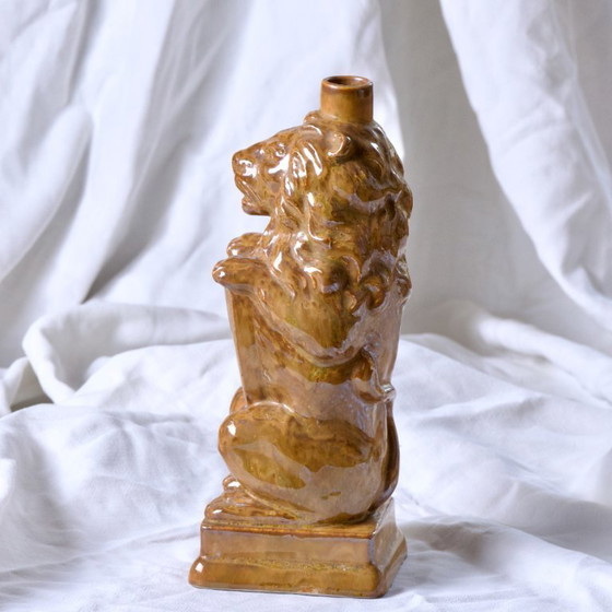 Image 1 of Jarrón/botella zoomorfo antiguo con forma de león en gres esmaltado, firmado por GPS