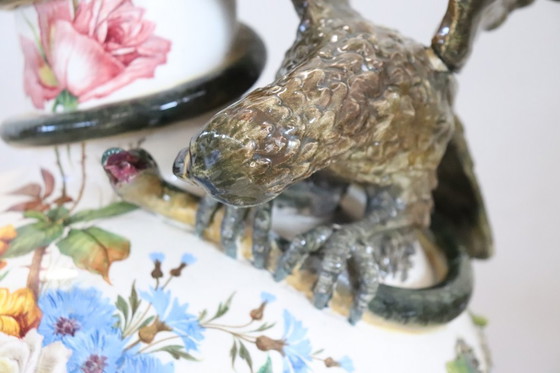 Image 1 of Majestic Ceramic Vase with Eagle and Crocodile, Italy Early 20th Century