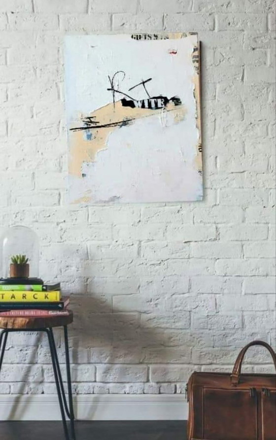 Original Acrylic Painting Contemporary Art Minimalism White Paint on Newspaper – Paintings & Drawings, Canvas (photo 2 of 7)