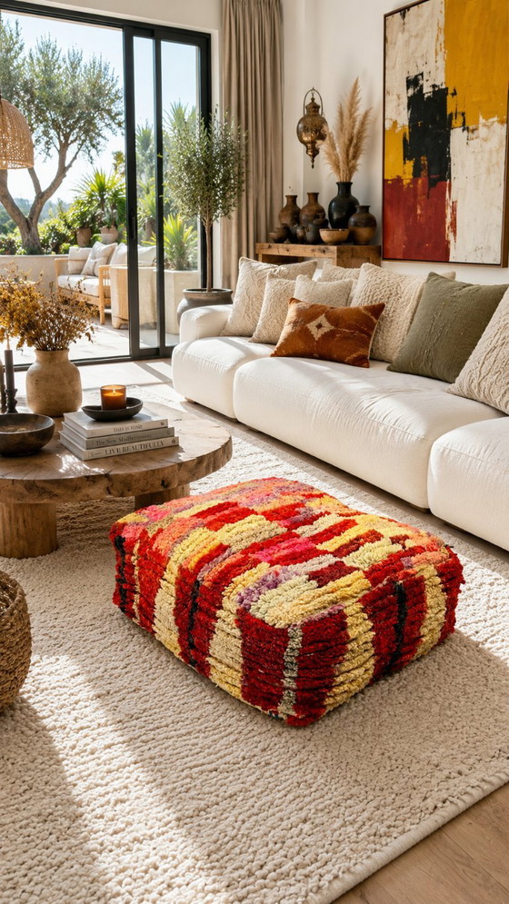 Pouf Berbero Marocchino Multicolore in Lana Fatto a Mano – 60 × 60 cm – Cuscini, Wool (photo 3 of 7)