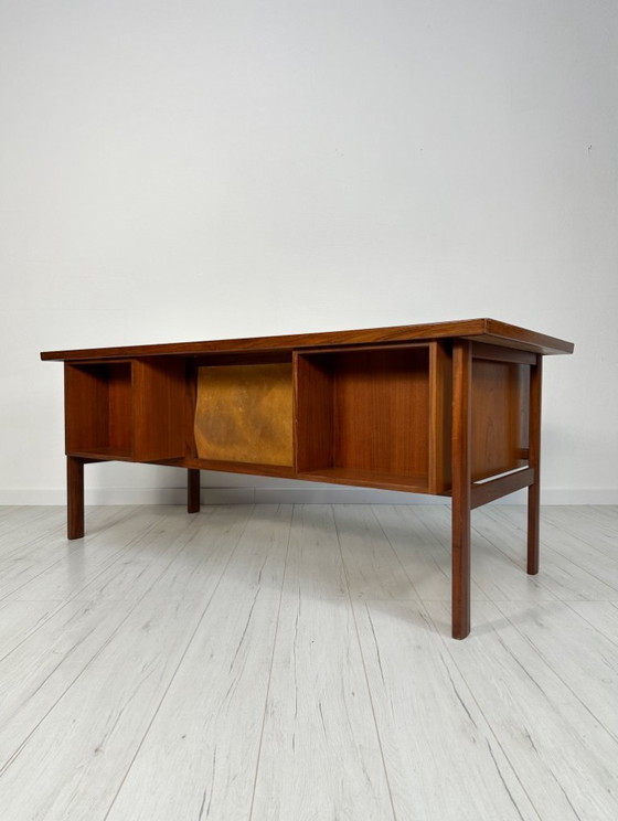 Image 1 of Rare 1960s Danish Teak Freestanding Writing Desk by Peter Løvig Nielsen – Vintage Desk with Shelves & Leather Detail