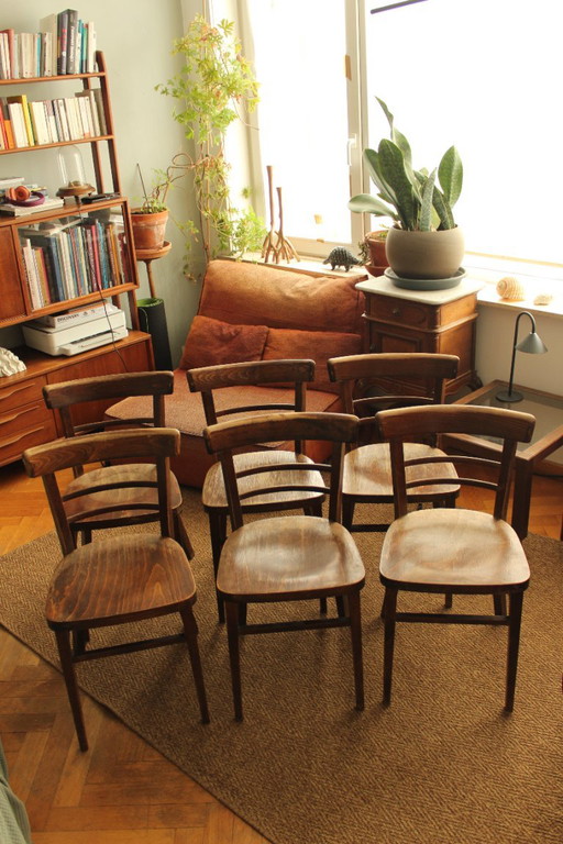 Ensemble de 6 Chaises de Bistrot Vintage en Bois – Belle Patine – eetkamerstoelen, Wood (photo 2 of 5)