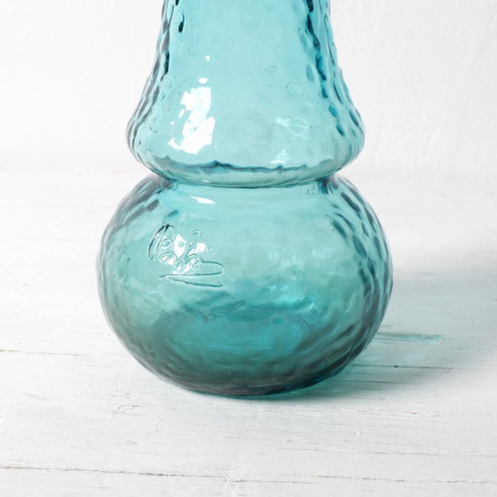 Image 1 of Turquoise Stylish Glass Flower Vase / Bibi Teal Hammered Textured Glass Vase / Italy / 1980s