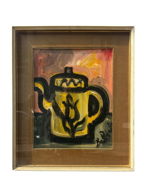 Oil Painting on Canvas Still Life with Coffee Pot by Gustavo Boldrini, 70s – schilderijen tekeningen, Expressionisme