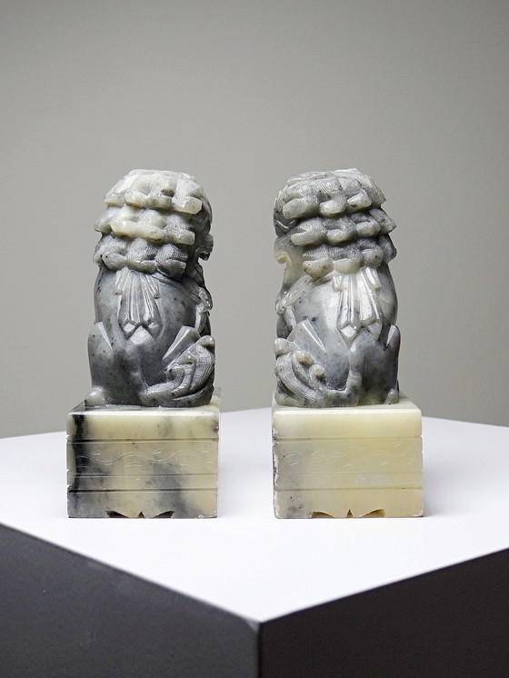 Image 1 of Pair of small Dogs/Lions Foo carved soapstone vintages