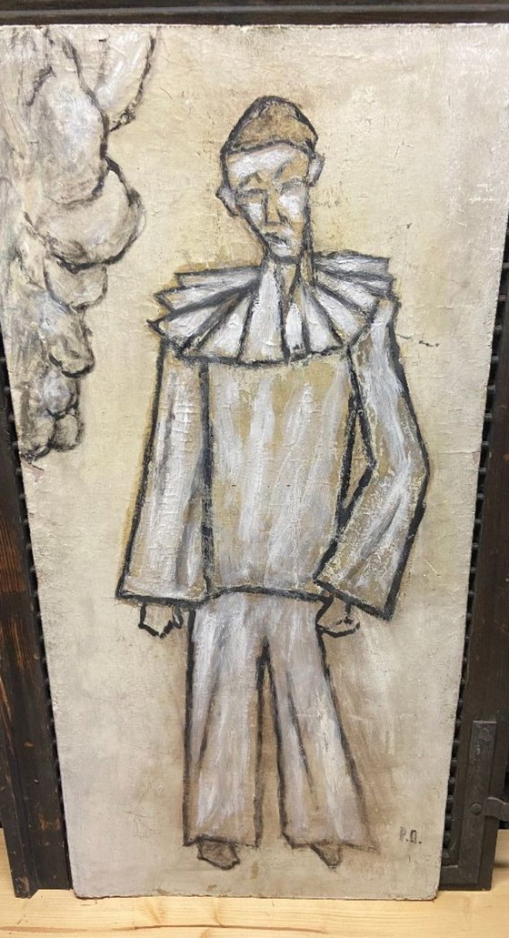 Image 1 of Antique Painting on Wooden Panel, Clown in the Style of Bernard Buffet, Double-Sided