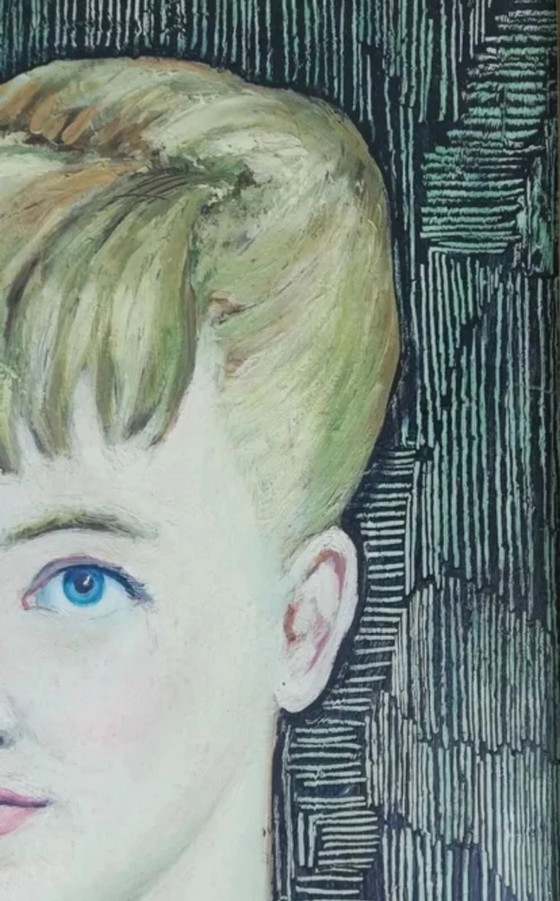 Image 1 of Portret van een vrouw, olieverfschilderij uit het midden van de 20e eeuw.