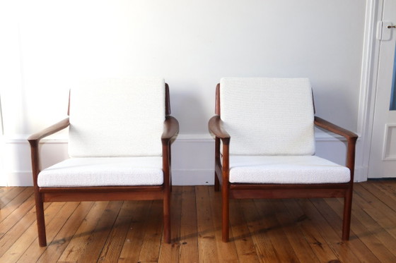 Paire de fauteuils scandinaves vintage teck 1960, Roche Bobois, Bois, Textile, Marron, Mid Century Modern (photo 3 sur 13)