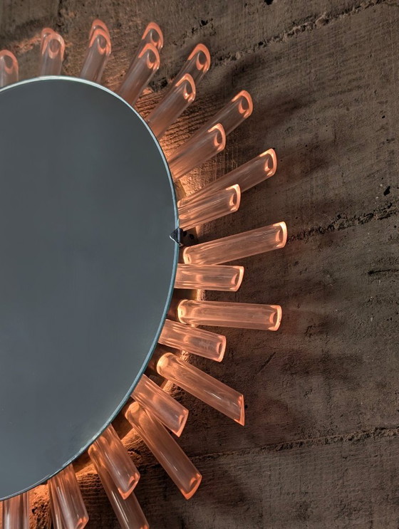 Image 1 of Mid-Century Modern Sunburst Mirror Wall Lamp in Lucite with Pink Glow, 1970s