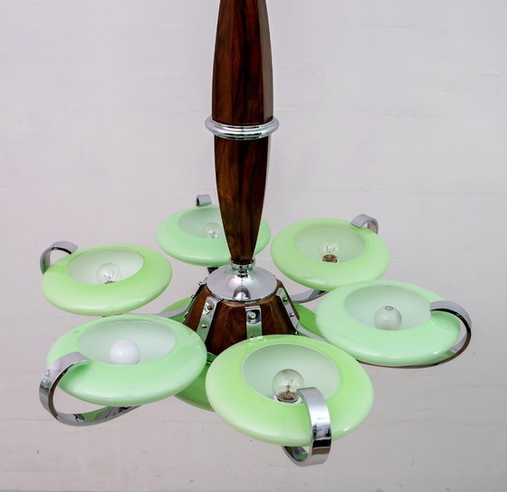 Image 1 of Art Deco Italiaanse kroonluchter in chroom en "Incamiciato" glas, jaren 1930