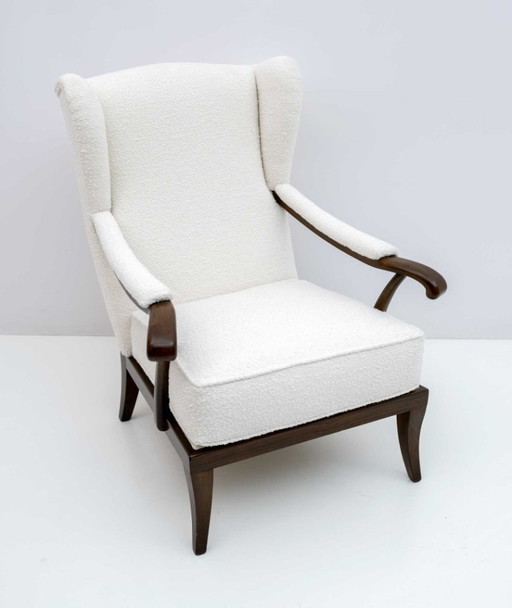 Paolo Buffa Mid-Century Modern Italian Walnut and Coating Boucle Armchair, 1950s