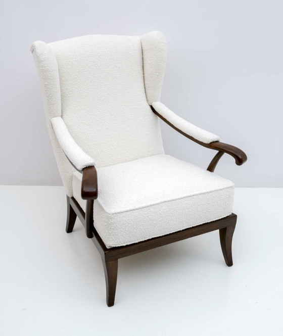 Image 1 of Paolo Buffa Mid-Century Modern Italian Walnut and Coating Boucle Armchair, 1950s