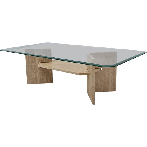 Mesa de centro vintage de travertino y cristal tallado, Italia, 1980
