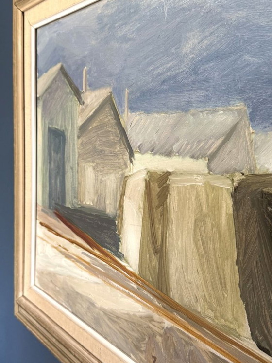 Image 1 of Vintage (1954) olieverfschilderij 'Strandhuizen' van de Zweedse schilder Inga Larsson