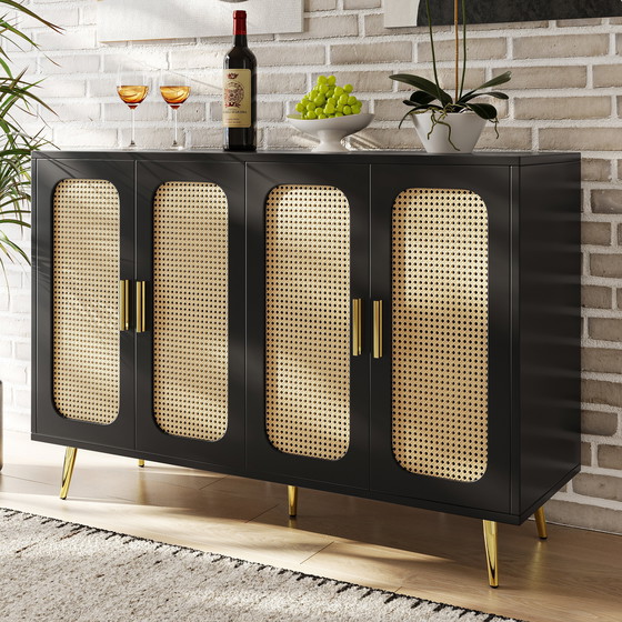 Image 1 of Urban Meuble zwart rotan dressoir met 4 deuren en gouden handgrepen en pootjes, 120 x 30 x 89 cm, STUGMAN