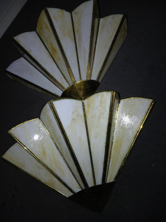 Image 1 of 2 TIFFANY-STYLE ART DECO FAN-SHAPED WALL LIGHTS IN VINTAGE GLASS PASTE