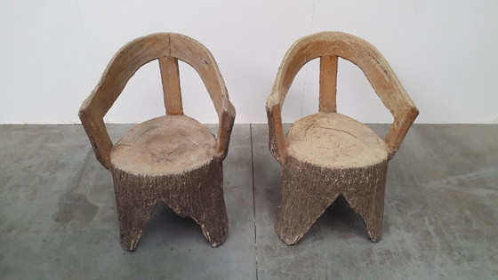 Image 1 of Vintage faux wood cement garden set 4 chairs/table Brutalist 60s France
