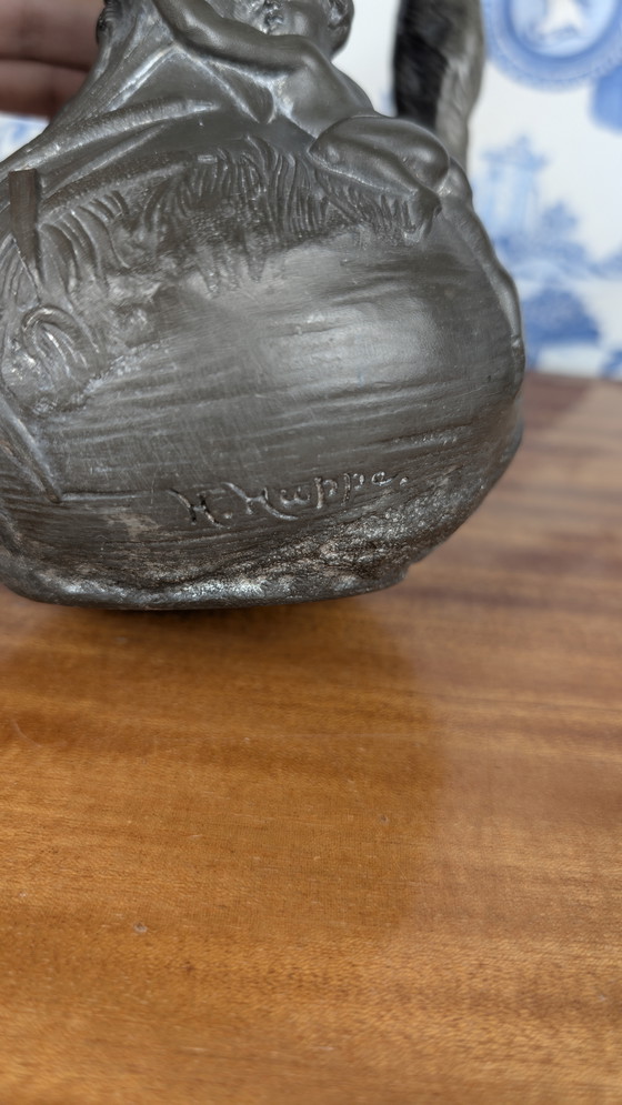 Image 1 of Art Nouveau pewter pitcher with woman and putti design signed Henri Huppé late 19th century