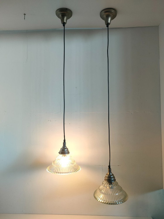 Image 1 of Set of 3 Glass Pendant Lights Holophane Style