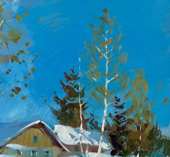 Image 1 of Peinture à l'huile originale représentant une maison enneigée dans un paysage où vit un conte de fées hivernal.