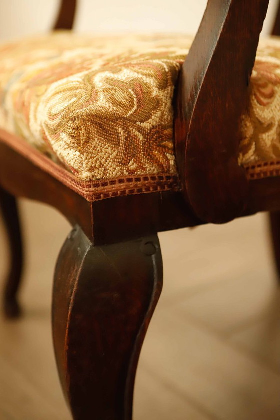 Image 1 of Antique Queen Anne Revival Carver Armchair with Floral Tapestry Upholstery 
