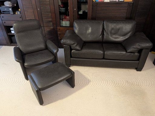 1970s De Sede Lounge Set: DS-17 2-Seater & DS-55 Armchair with Ottoman