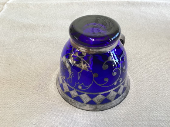 Image 1 of Zeldzaam Italiaans kobaltblauw glazen koffie- en likeurservies met zilverdecor – 21-delig – ca. 1950-1970