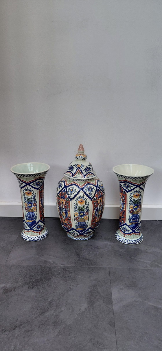 Image 1 of Beautiful 3-piece Antique Cabinet Set – Boch Belgium – Hand-painted