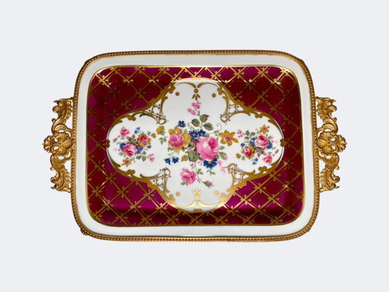 Image 1 of French Limoges Porcelain and Gilt Bronze Perfume Tray - Vintage Floral Vide Poche Handpainted Orleans Decor 