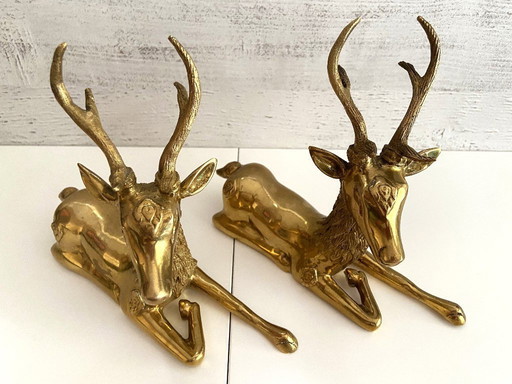 Skulptur Statue Figur Vintage Duo Von Hirschen Bronze Vergoldet 1950 - 1960 Design