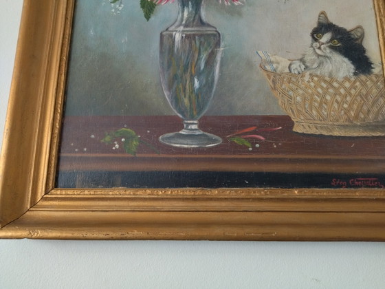 Antique Painting on Panel - Kitten and Flowers - Signed Léon Chevalier – Leon Chevalier, Paintings & Drawings (photo 5 of 10)