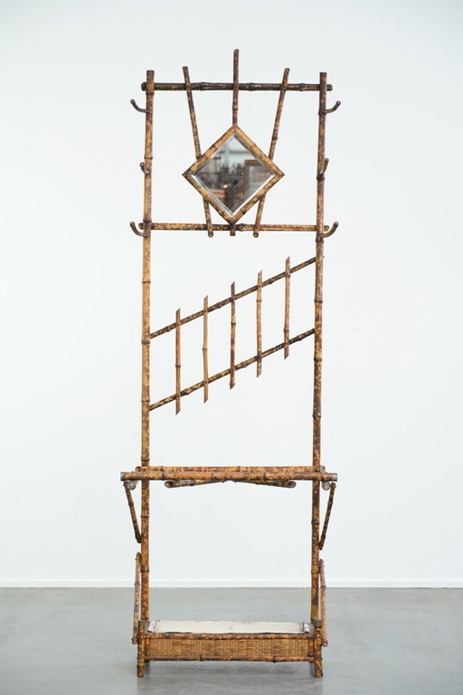 Antique French faux bamboo standing coat rack/hallway furniture with a mirror and umbrella rack