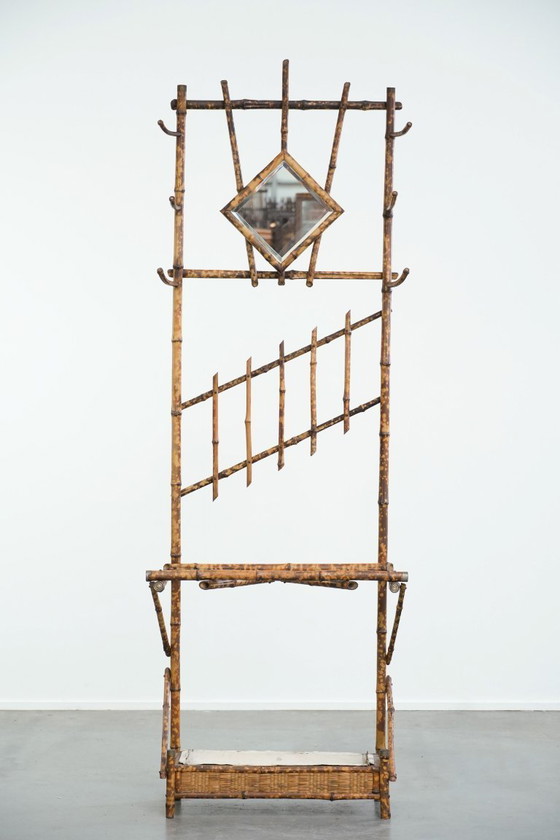 Image 1 of Antique French faux bamboo standing coat rack/hallway furniture with a mirror and umbrella rack