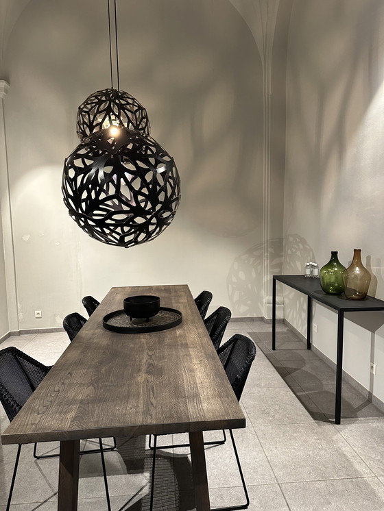 Image 1 of Piano del tavolo in legno grezzo canadese, fissato su una struttura in acciaio