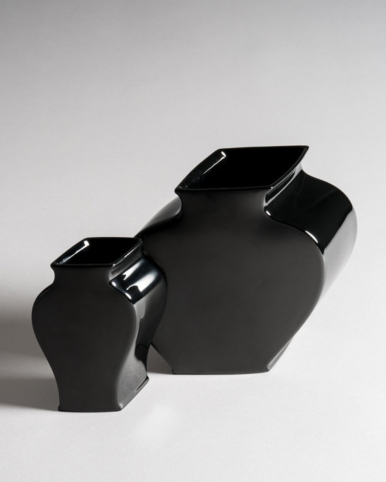 Image 1 of Tadao Amano for Rosenthal Studio-Line “Sakura” Vase Pair in Porcelaine Noire — Matte & Glossy Black, 1980s Germany / Japan