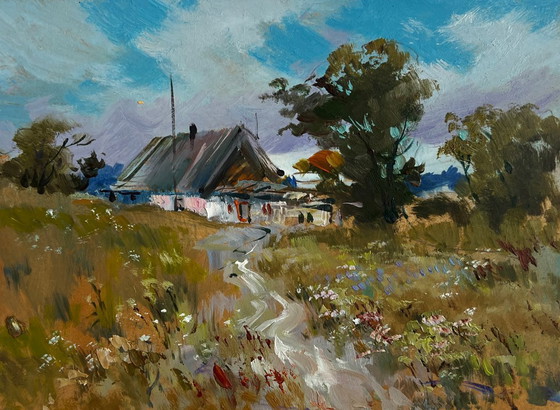 Image 1 of Origineel olieverfschilderij: Landschap met zomerhuis en wilde bloemen in de buurt van het huis.