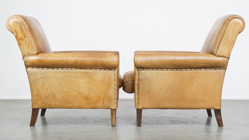 2 x Vintage Sheepskin Leather Armchair