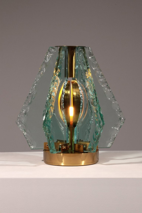 Image 1 of Chiselled Glass Table Lamp in Brass by Gino Paroldo for Dinodei, 1960s