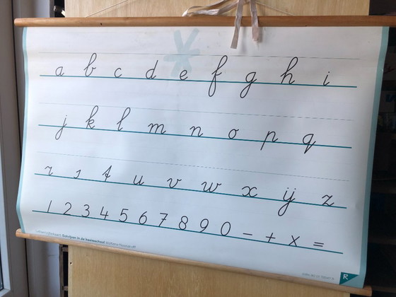 Image 1 of Vintage schoolplaat schoolkaart Schrijven - cijfers en letters - dubbelzijdig 100 x 66 Wolters Noordhoff als nieuw