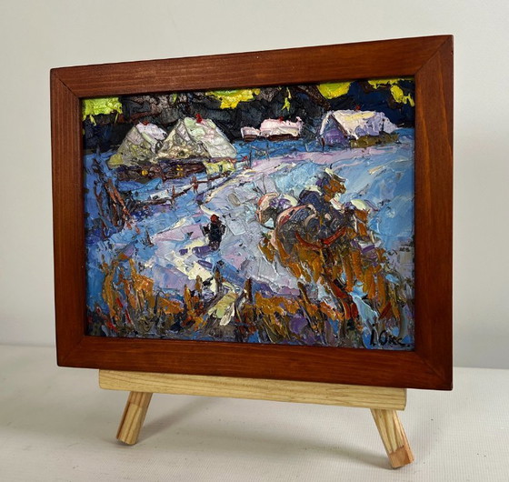 Image 1 of Original Oil Painting Winter Houses Landscape Snowy road in the village