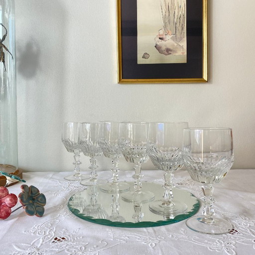 6 antique carved stemmed glasses, wine or water glasses