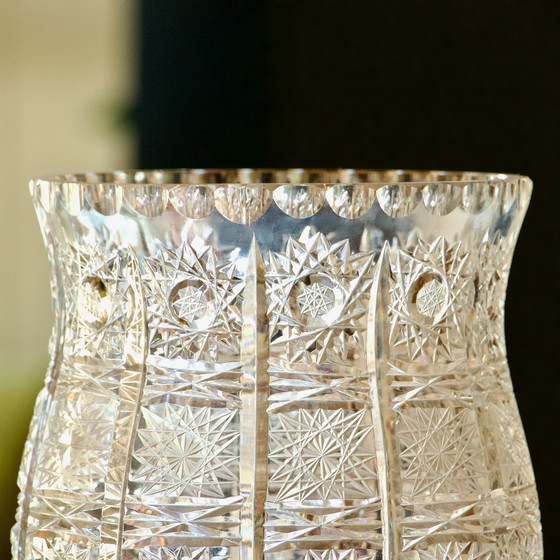 Image 1 of Large Antique Bohemian Crystal Vase Hand-Cut Queen's Lace