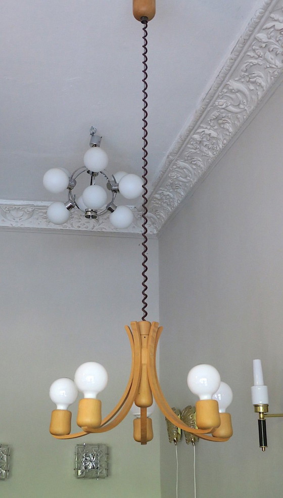Domus Variable Height Chandelier with Five-Arms Denmark 1970s – Wood (photo 3 of 6)