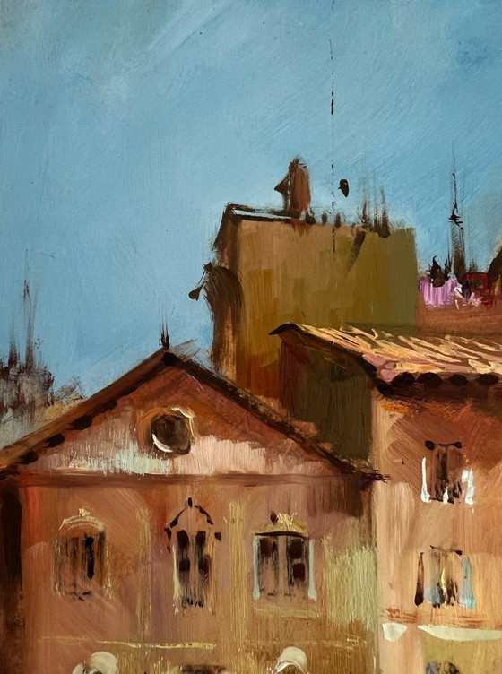 Image 1 of Original Oil Painting Coastal House Landscape Walking through the city streets