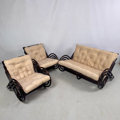 Französisches Rattan-Wohnzimmerset, 1970er