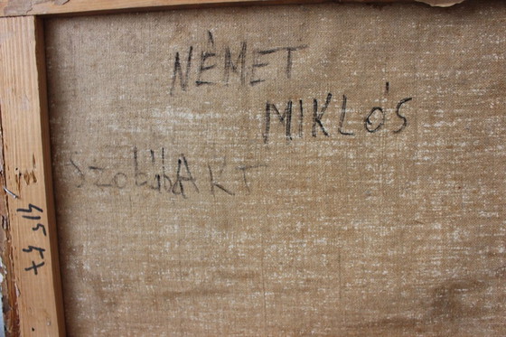 Image 1 of MIKLÓS NÉMETH (Attr.) – Abstraktes Interieur mit liegendem Akt – Öl auf Leinwand, Budapester Etikett