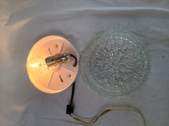 Image 1 of Vintage Glashütte Limburg 1960s Pressed Glass Ceiling Light - Textured Clear Glass Flush Mount Wall Sconce German Mid-Century