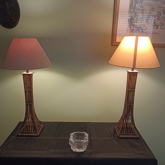 Image 1 of Karaktervol duo vintage tafellampen – Metaal & Rotan – Brutalist Style