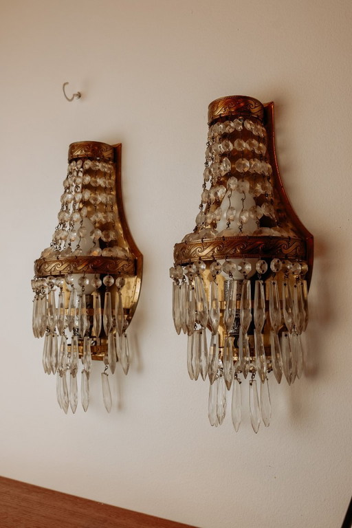 Antike französische Kristallwandlampen, 2er-Set