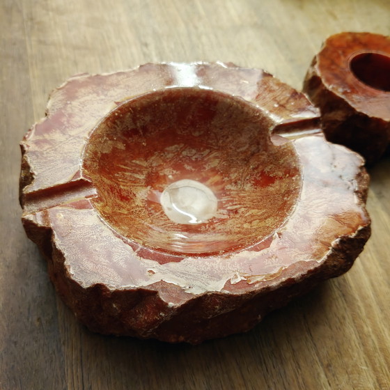 Image 1 of Vintage Onyx Ashtray Set – Red Stone – 1970s